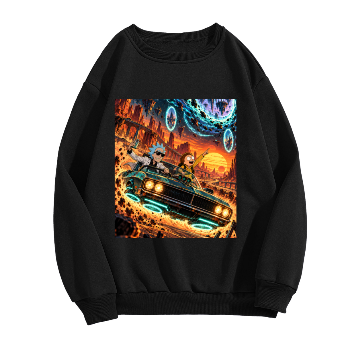Standalone women's crewneck sweatshirt front displaying a graphic of a muscle car racing through a cosmic landscape of glowing portals