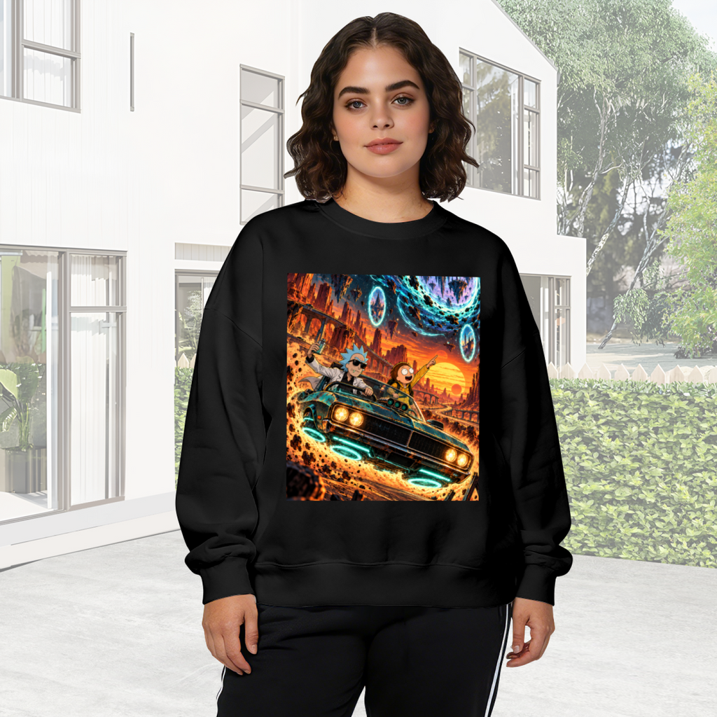 Women's crewneck sweatshirt worn outside, with the camera facing the graphic of a muscle car racing through a cosmic landscape of glowing portals