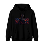 Front garment photograph: men's hoodie decorated with a dark armored figure in a wide portrait with ember-like accents