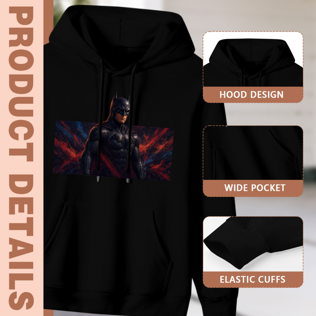 Men's Armored Figure in Ember Light hoodie product-feature illustration with close views of the hood, pocket and cuffs