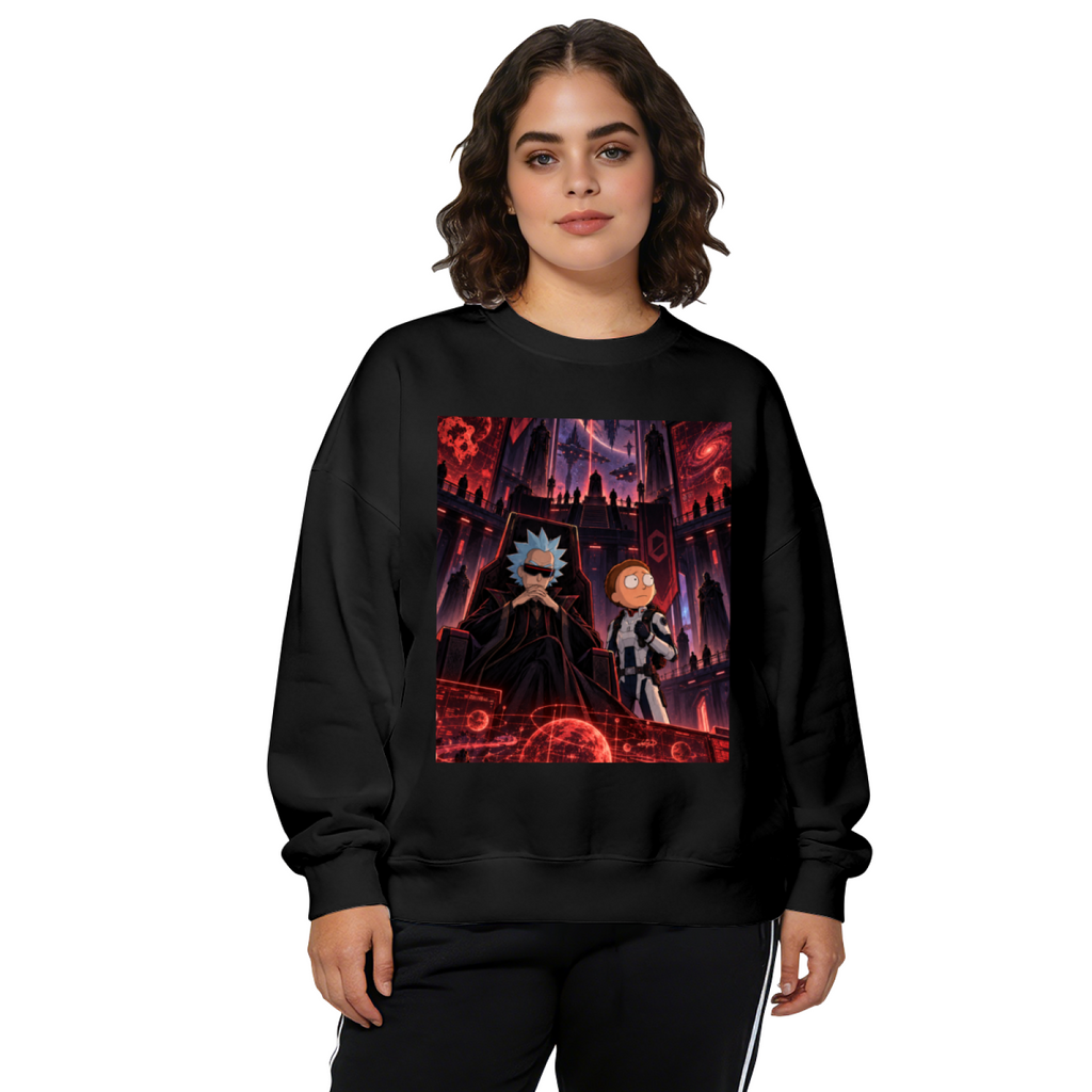 On-model product photo: women's crewneck sweatshirt bearing two figures inside a crimson-lit technological chamber