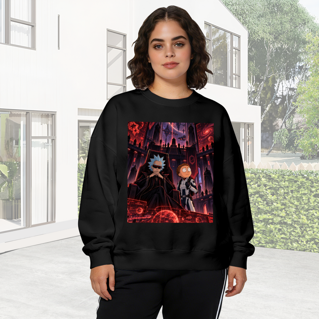 Lifestyle image outdoors: women's crewneck sweatshirt with a front graphic of two figures inside a crimson-lit technological chamber