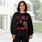 Lifestyle image outdoors: women's crewneck sweatshirt with a front graphic of two figures inside a crimson-lit technological chamber