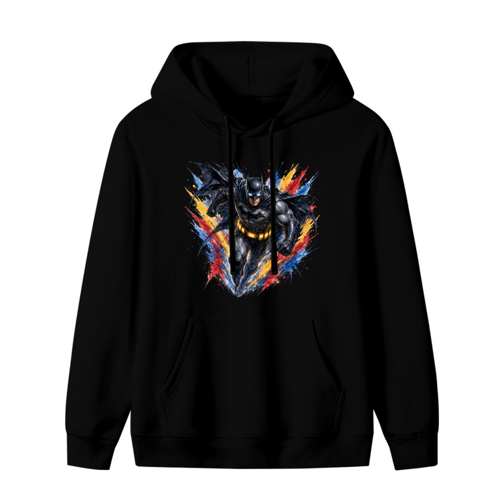 A winged masked figure bursting through jagged multicolored paint strokes shown on the front of a women's hoodie in a standalone product shot