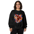 Studio photograph of a model in a women's crewneck sweatshirt showing a masked runner moving through an explosion of multicolored brushstrokes