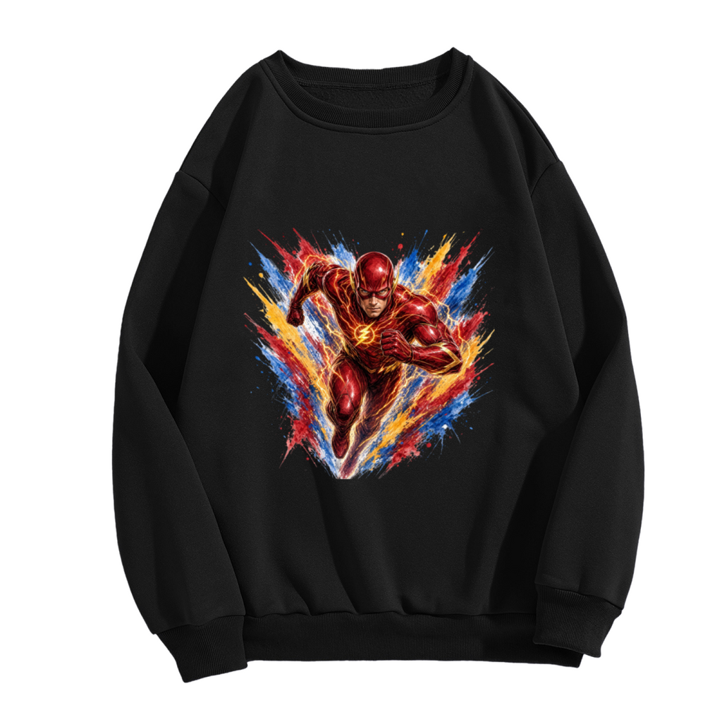 Standalone women's crewneck sweatshirt front displaying a graphic of a masked runner moving through an explosion of multicolored brushstrokes