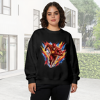 Women's crewneck sweatshirt worn outside, with the camera facing the graphic of a masked runner moving through an explosion of multicolored brushstrokes