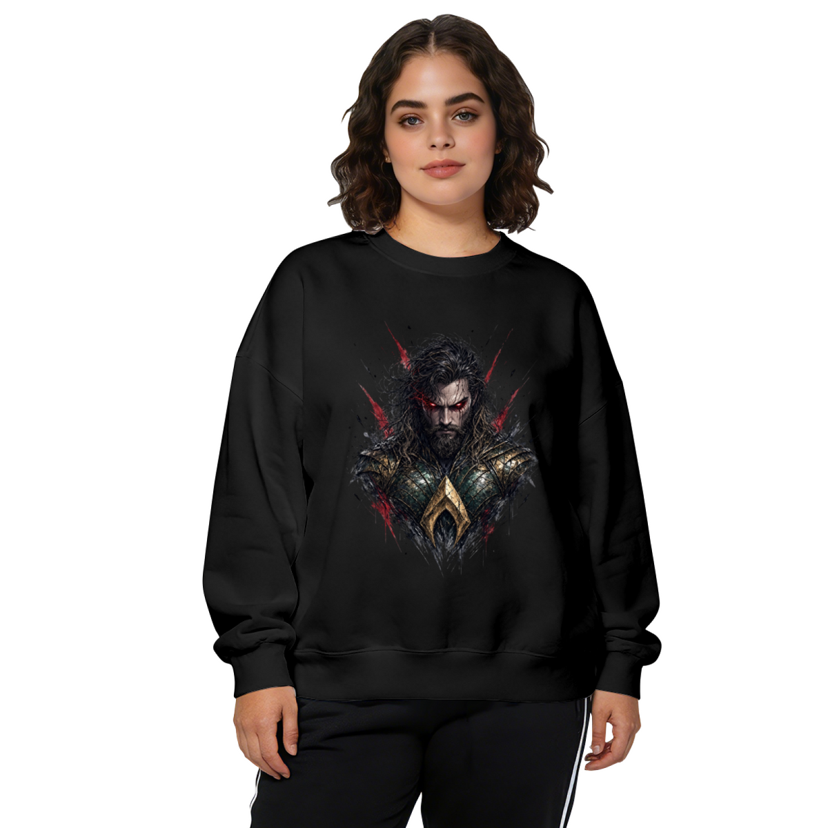 Front-facing model wearing a women's crewneck sweatshirt decorated with a centered bearded warrior portrait with red eyes and rough dark edges