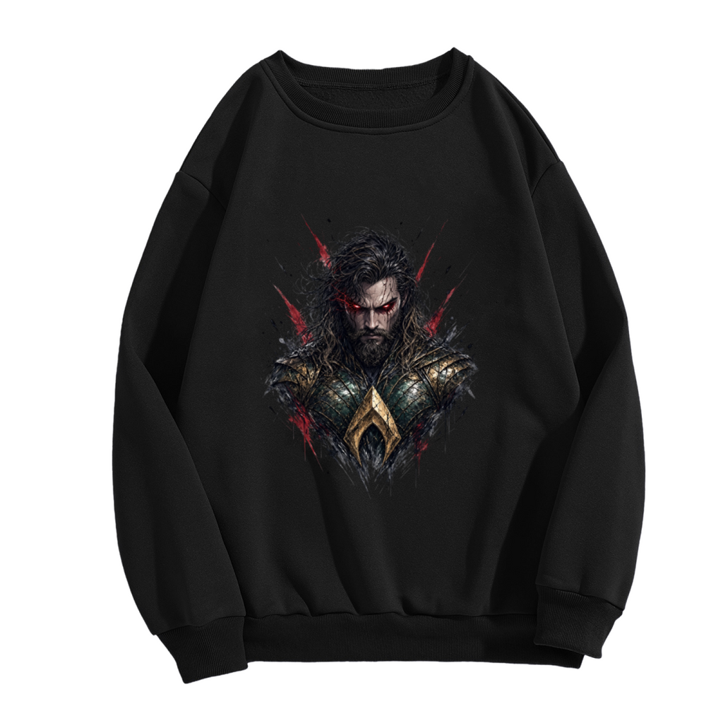 A centered bearded warrior portrait with red eyes and rough dark edges shown on the front of a women's crewneck sweatshirt in a standalone product shot