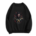 A centered bearded warrior portrait with red eyes and rough dark edges shown on the front of a women's crewneck sweatshirt in a standalone product shot