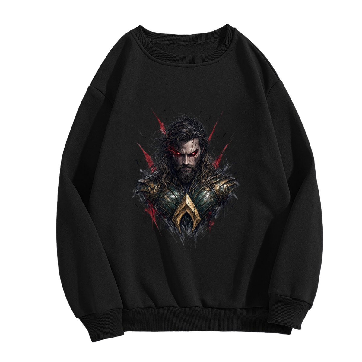 A centered bearded warrior portrait with red eyes and rough dark edges shown on the front of a women's crewneck sweatshirt in a standalone product shot