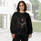 Outdoor photograph of a model in a women's crewneck sweatshirt bearing a centered bearded warrior portrait with red eyes and rough dark edges