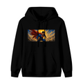 Standalone men's hoodie front displaying a graphic of a flying caped figure crossing a golden panoramic sky