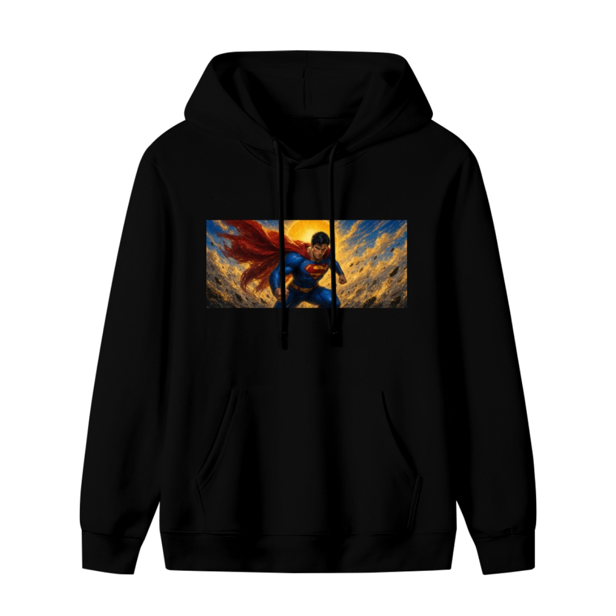 Standalone men's hoodie front displaying a graphic of a flying caped figure crossing a golden panoramic sky