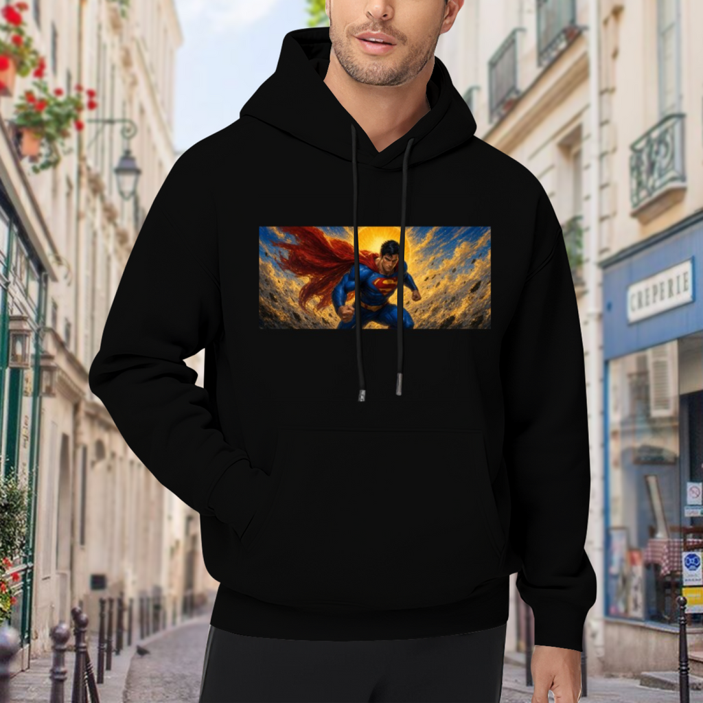 Men's hoodie worn outside, with the camera facing the graphic of a flying caped figure crossing a golden panoramic sky