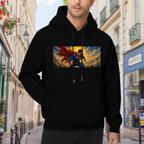 Men's hoodie worn outside, with the camera facing the graphic of a flying caped figure crossing a golden panoramic sky