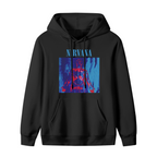 Hoodie product image with anatomical figure red blue artwork, black colorway