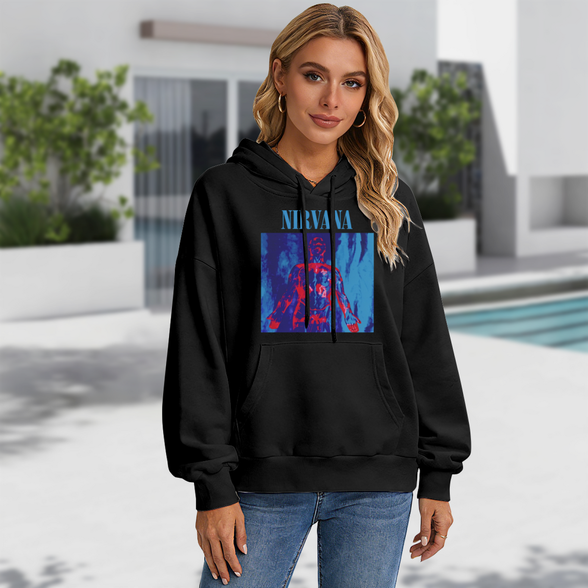 Hoodie product image with anatomical figure red blue artwork