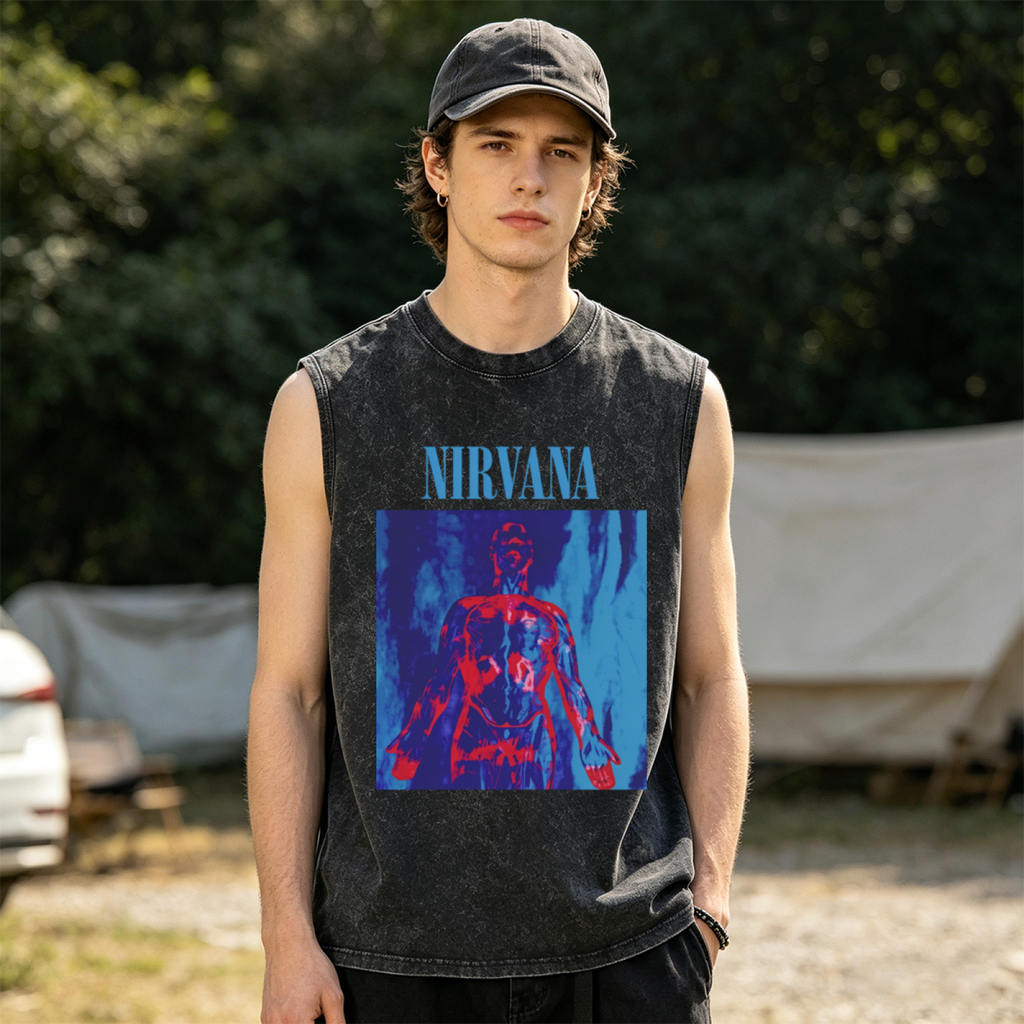 Nirvana Red Blue Anatomy Art Unisex Washed Tank Top — product image showing the red-and-blue anatomy-themed illustration design