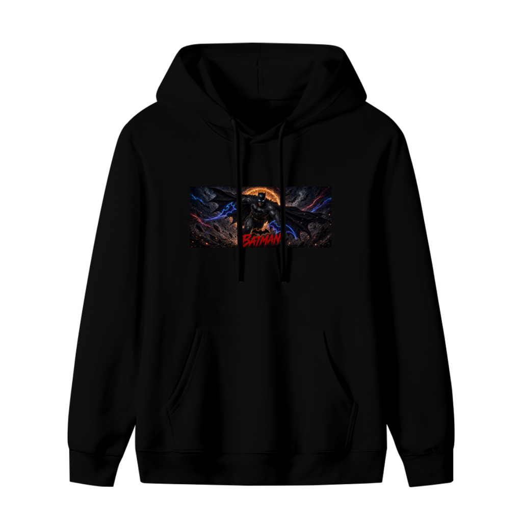 A winged figure stretched across a wide eclipse-like backdrop shown on the front of a women's hoodie in a standalone product shot