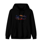 A winged figure stretched across a wide eclipse-like backdrop shown on the front of a women's hoodie in a standalone product shot