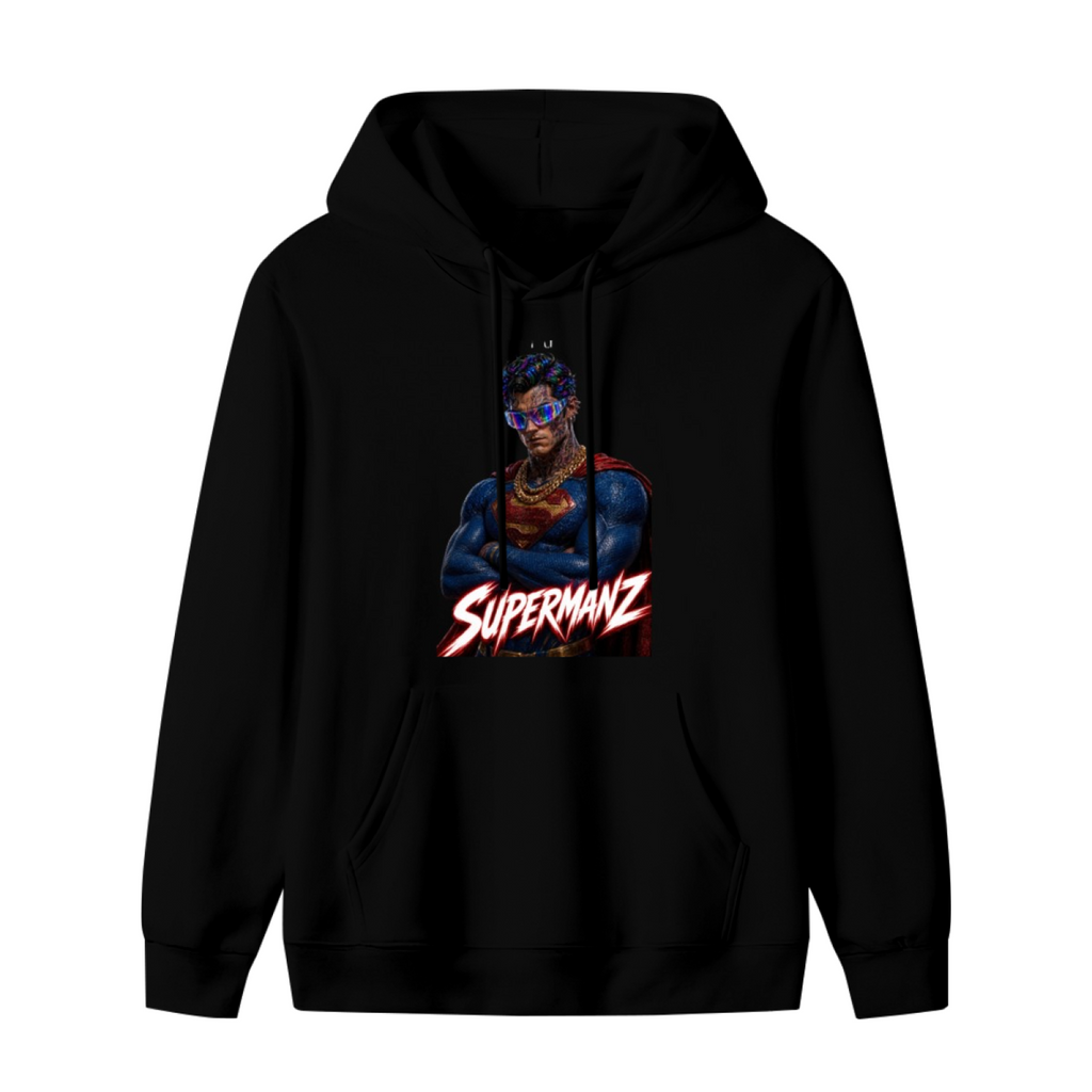 Front garment photograph: men's hoodie decorated with a caped portrait wearing a futuristic visor