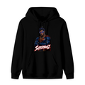 Front garment photograph: men's hoodie decorated with a caped portrait wearing a futuristic visor