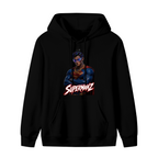 Front garment photograph: men's hoodie decorated with a caped portrait wearing a futuristic visor