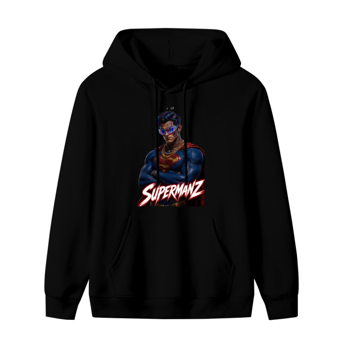 Front garment photograph: men's hoodie decorated with a caped portrait wearing a futuristic visor