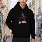 A caped portrait wearing a futuristic visor visible on a men's hoodie in an outdoor front model view