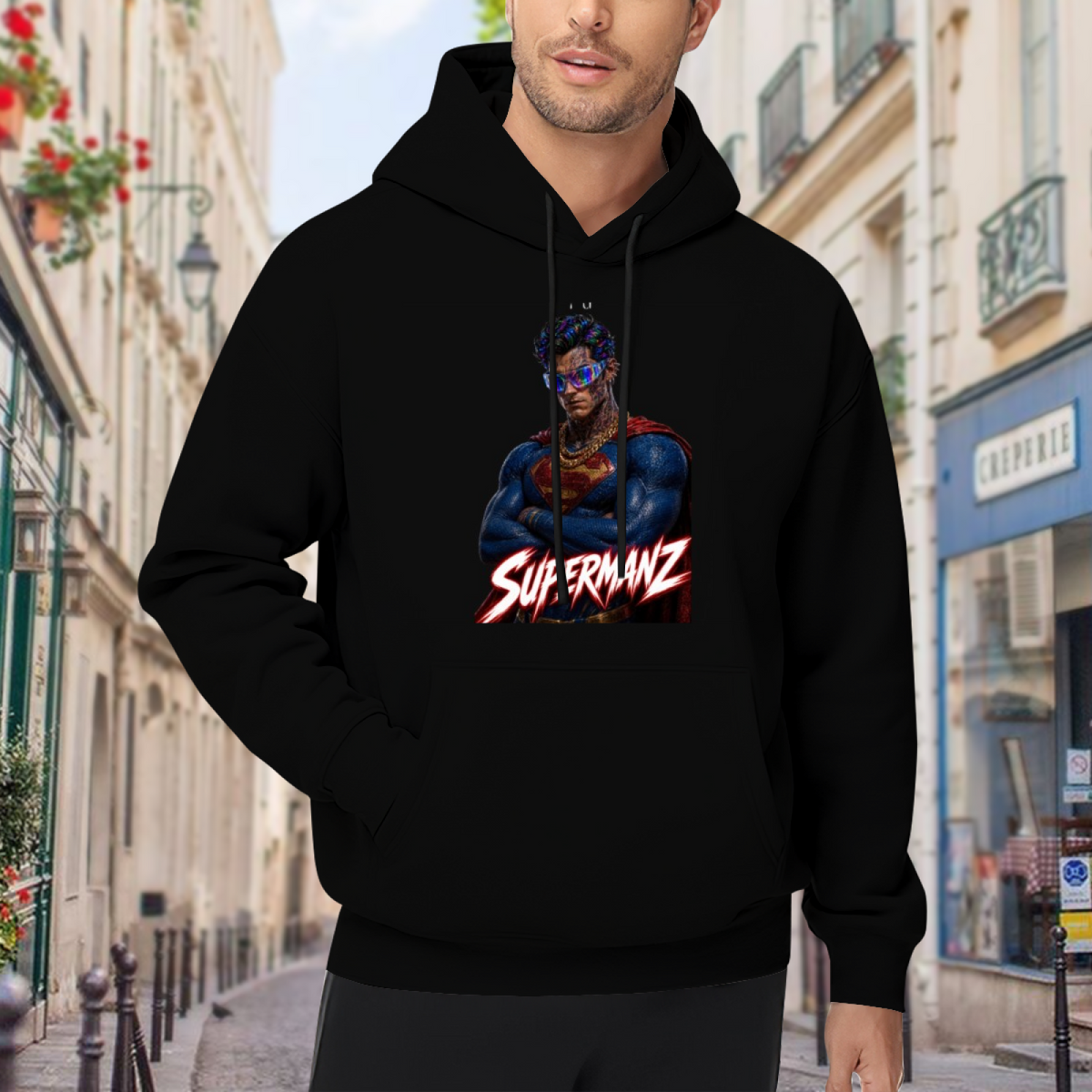 A caped portrait wearing a futuristic visor visible on a men's hoodie in an outdoor front model view