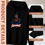 Men's Visor-Clad Cape Portrait hoodie product-feature illustration with close views of the hood, pocket and cuffs