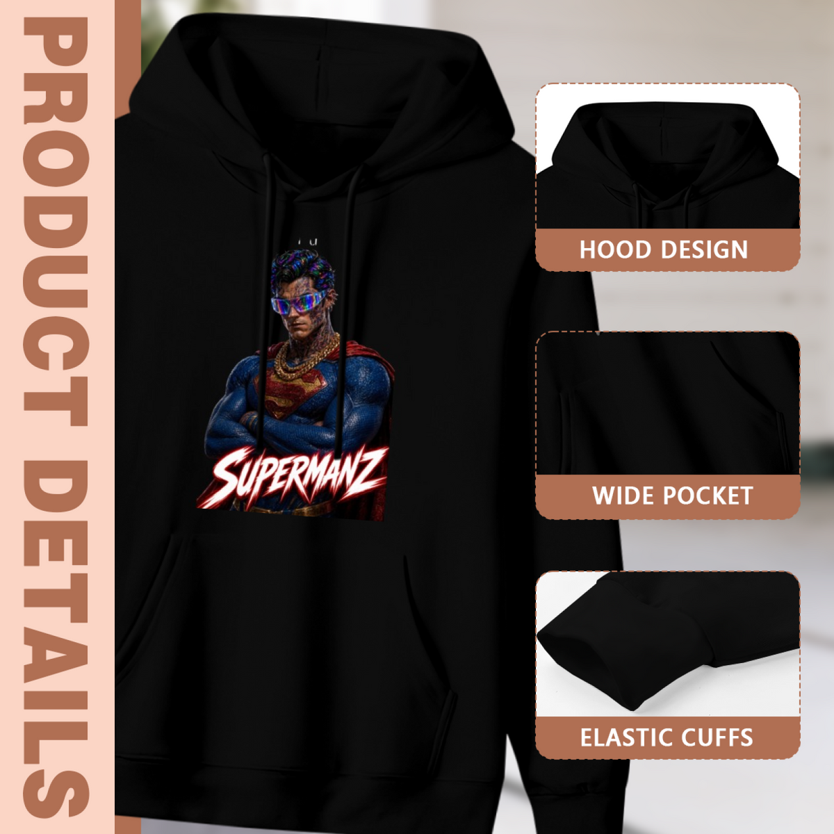 Men's Visor-Clad Cape Portrait hoodie product-feature illustration with close views of the hood, pocket and cuffs