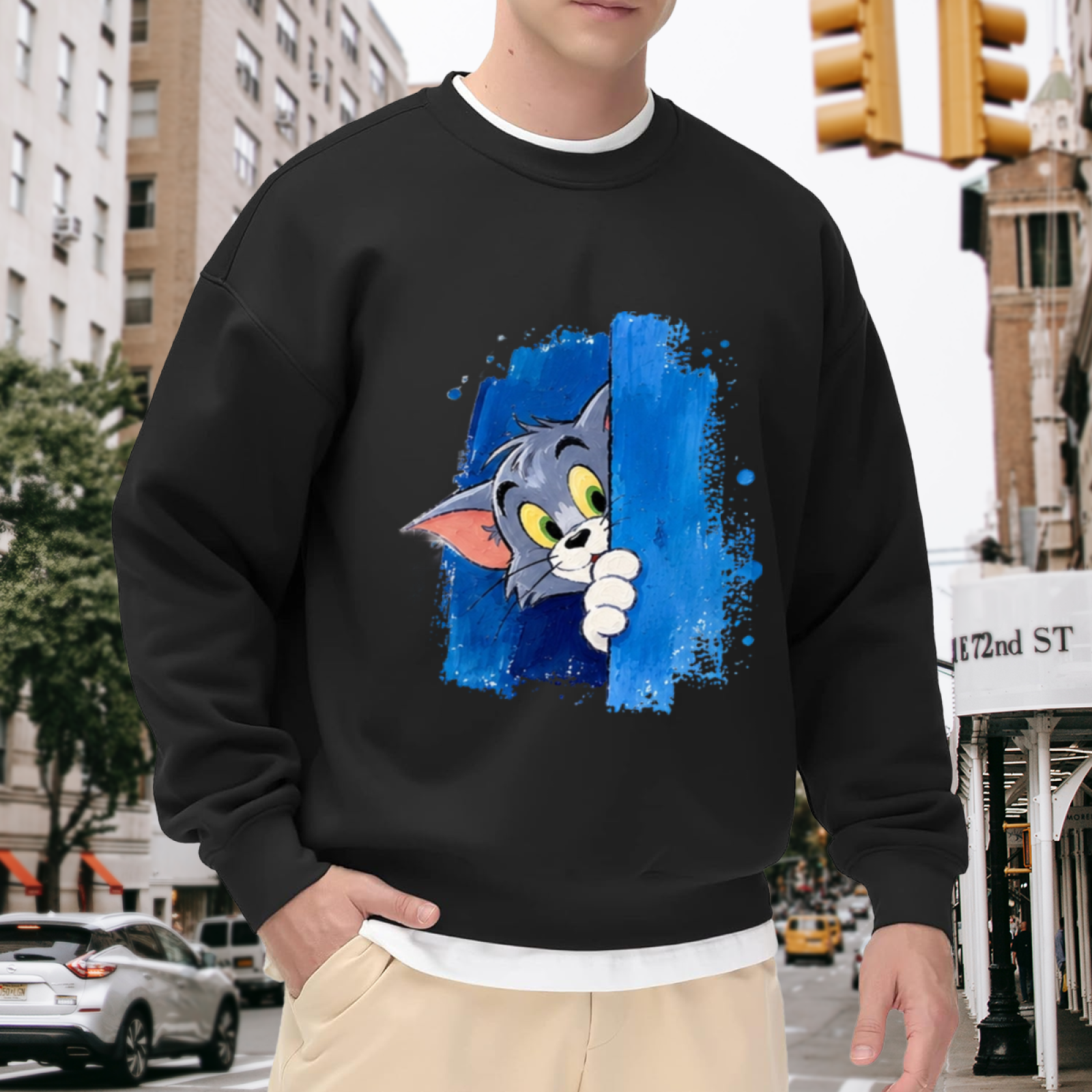 Tom Cat Winking Smirk Blue Paint Graphic Sweatshirt