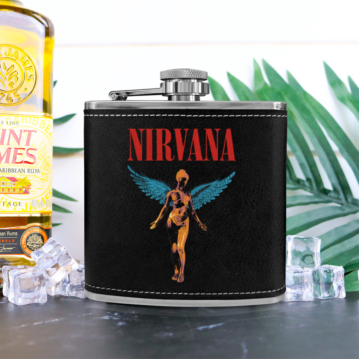 Nirvana In Utero Black 6oz vintage-style stainless steel hip flask product image