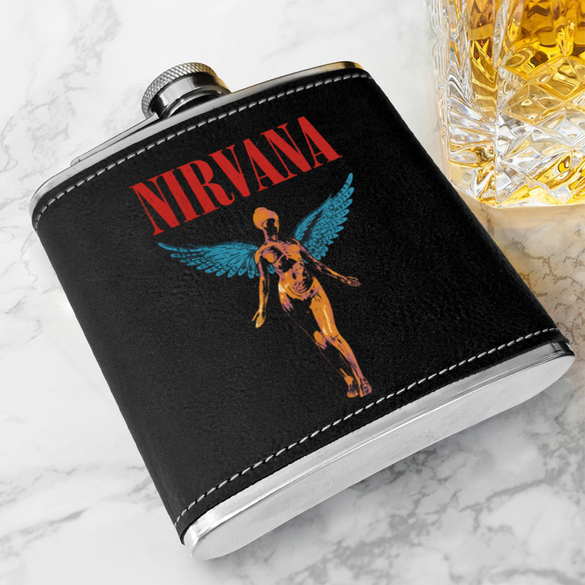 Nirvana In Utero Black 6oz vintage-style stainless steel hip flask product image
