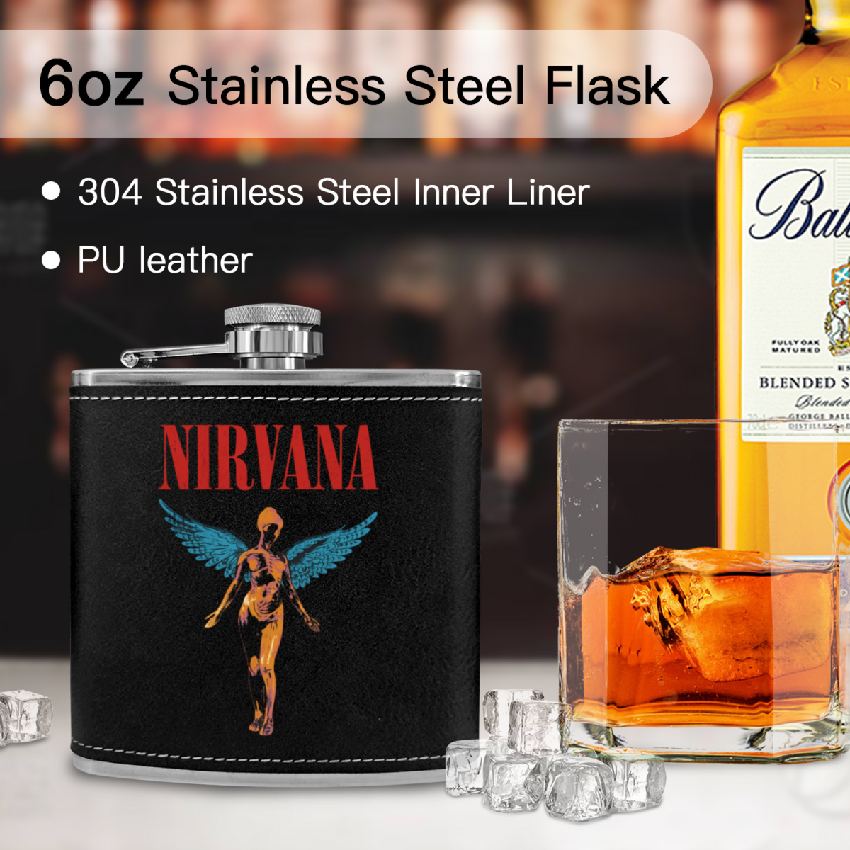 Nirvana In Utero Black 6oz vintage-style stainless steel hip flask product image