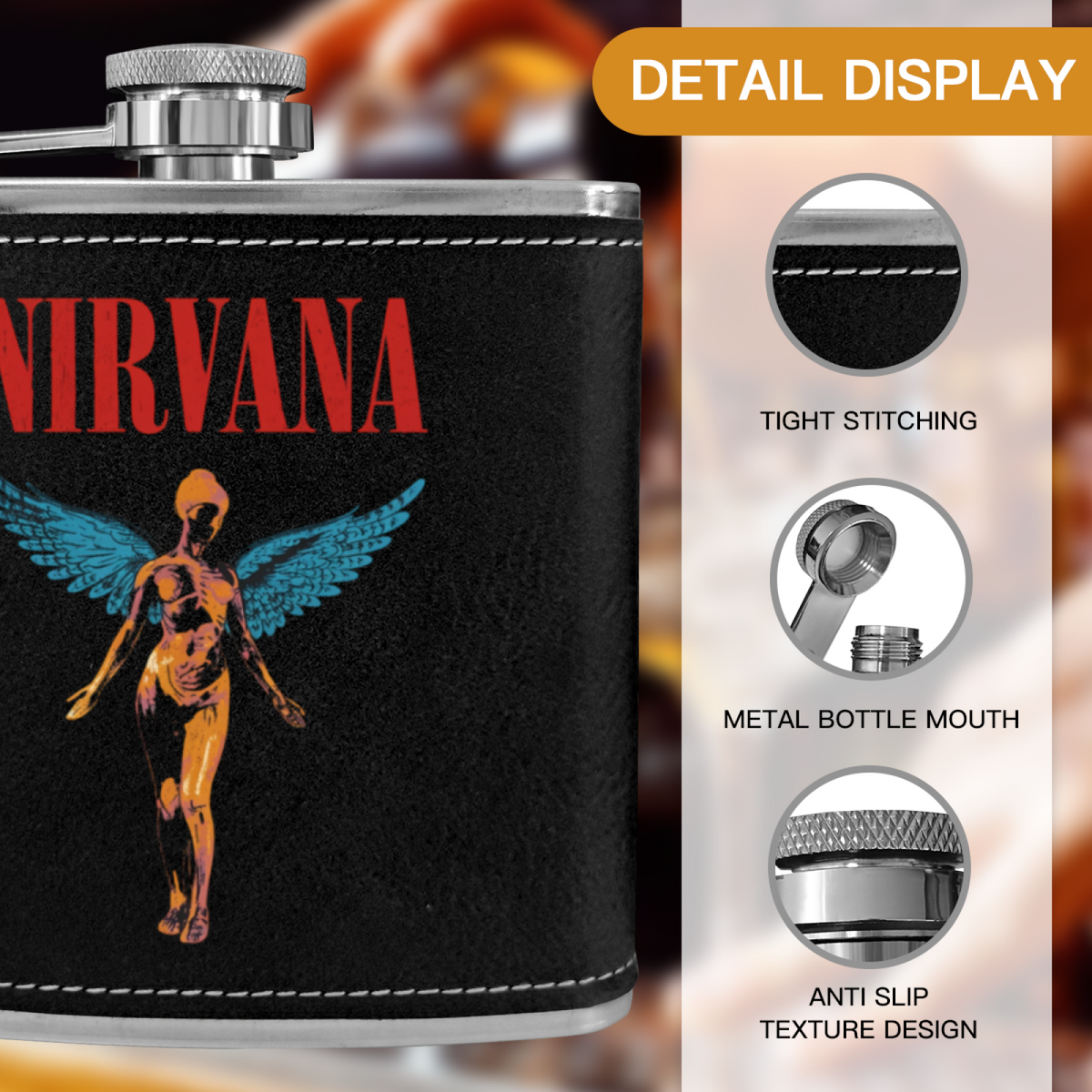Nirvana In Utero Black 6oz vintage-style stainless steel hip flask product image