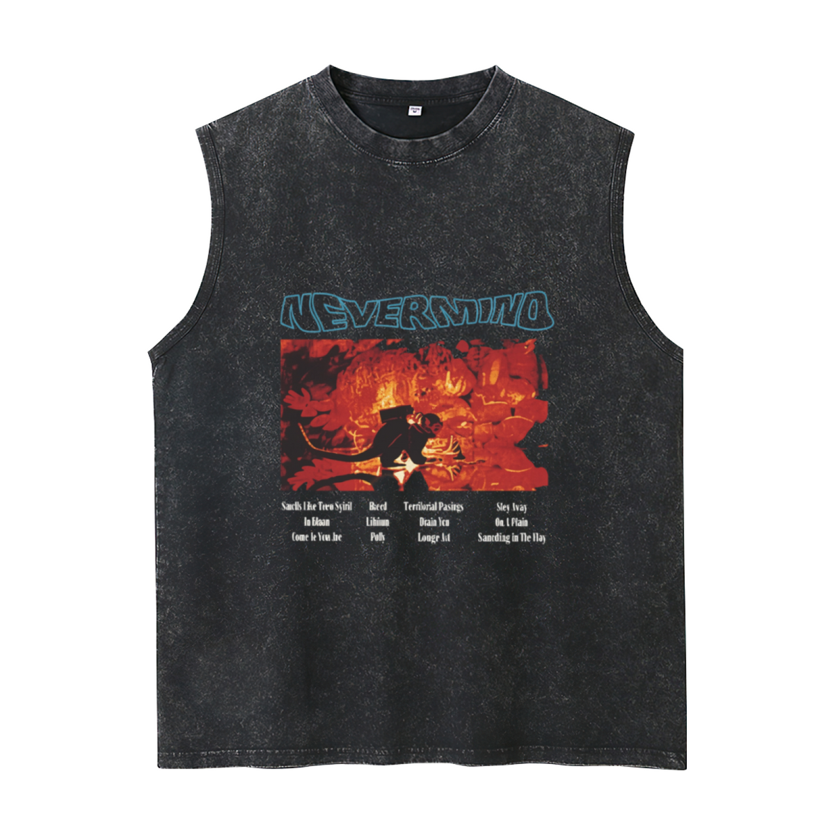 Nirvana Nevermind Red Concert Art Washed Tank Top — product image showing the a Nevermind-related red concert and tracklist design design
