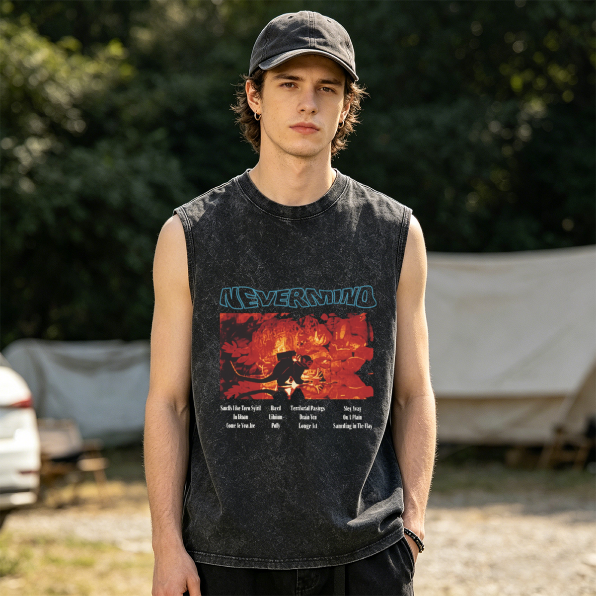 Nirvana Nevermind Red Concert Art Washed Tank Top — product image showing the a Nevermind-related red concert and tracklist design design