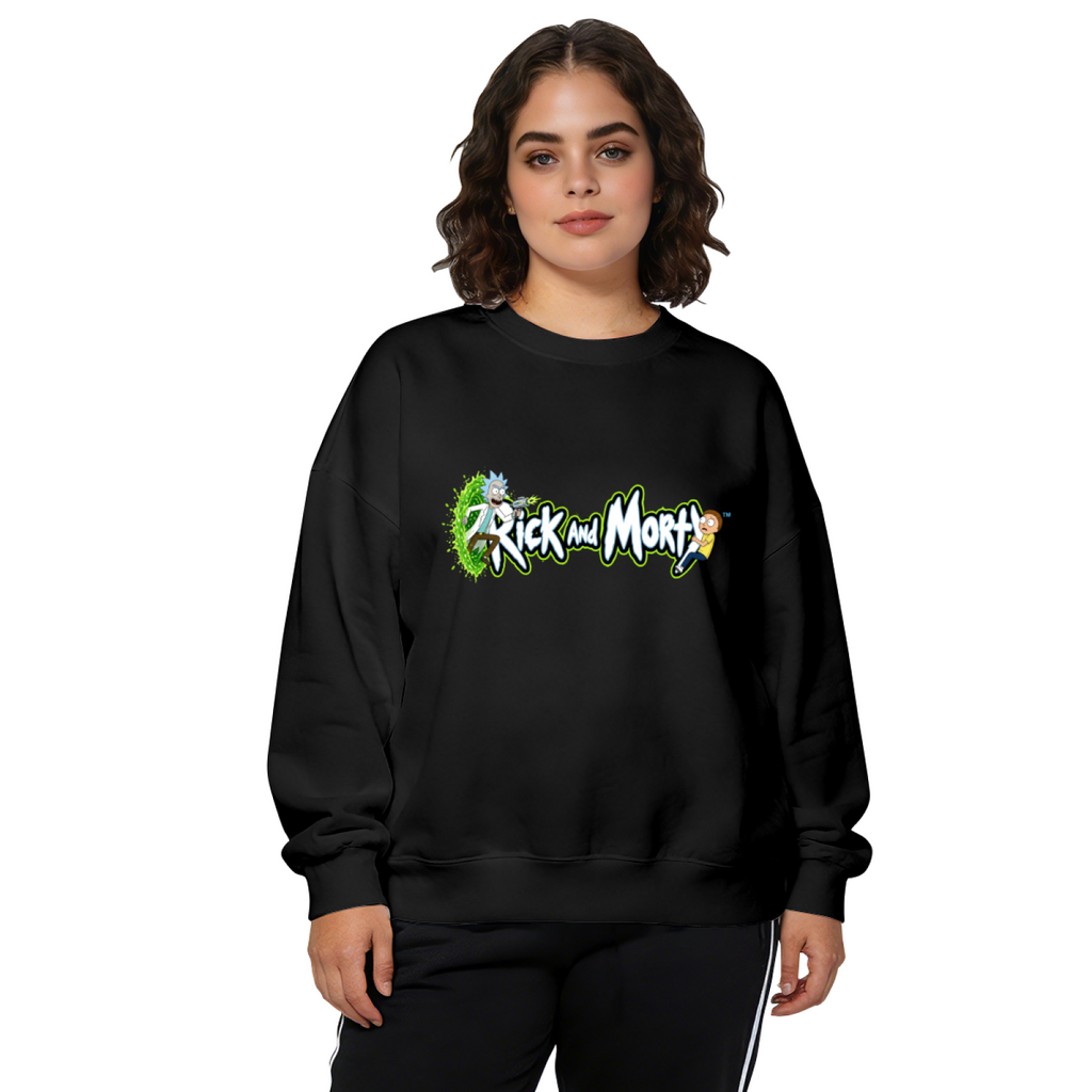 Two cartoon figures beside stylized lettering and a green portal printed on a women's crewneck sweatshirt, shown in a front model photo