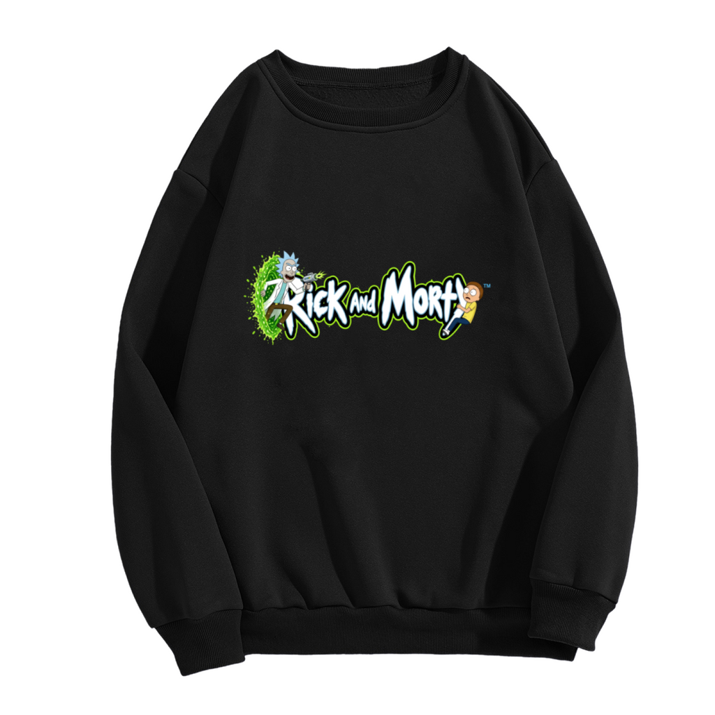Unworn women's crewneck sweatshirt, front view of the design depicting two cartoon figures beside stylized lettering and a green portal