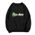 Unworn women's crewneck sweatshirt, front view of the design depicting two cartoon figures beside stylized lettering and a green portal