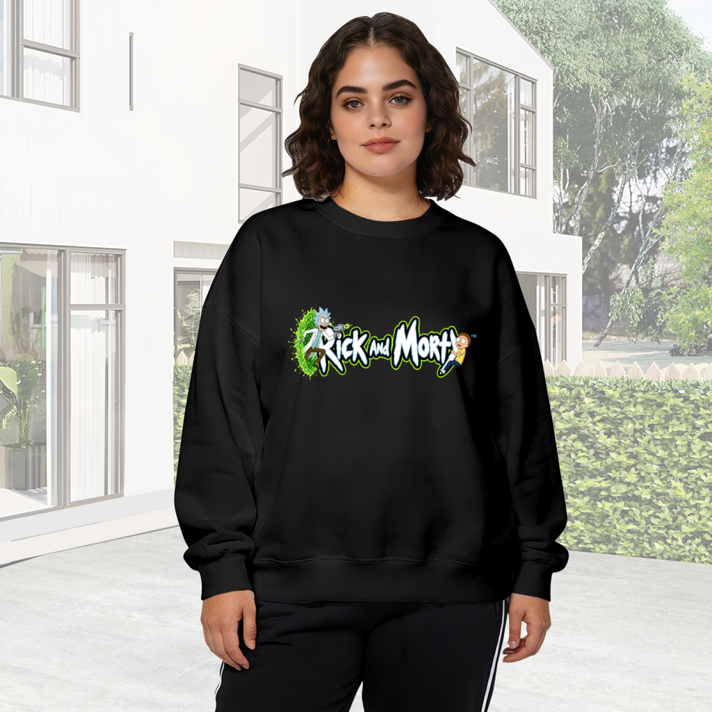 On-location model photograph displaying two cartoon figures beside stylized lettering and a green portal on the front of a women's crewneck sweatshirt