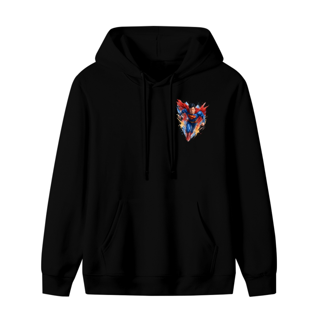 Front garment photograph: men's hoodie decorated with a flying caped figure amid sharp multicolored brushstrokes