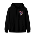 Front garment photograph: men's hoodie decorated with a flying caped figure amid sharp multicolored brushstrokes