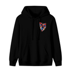 Front garment photograph: men's hoodie decorated with a flying caped figure amid sharp multicolored brushstrokes