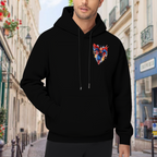 A flying caped figure amid sharp multicolored brushstrokes visible on a men's hoodie in an outdoor front model view