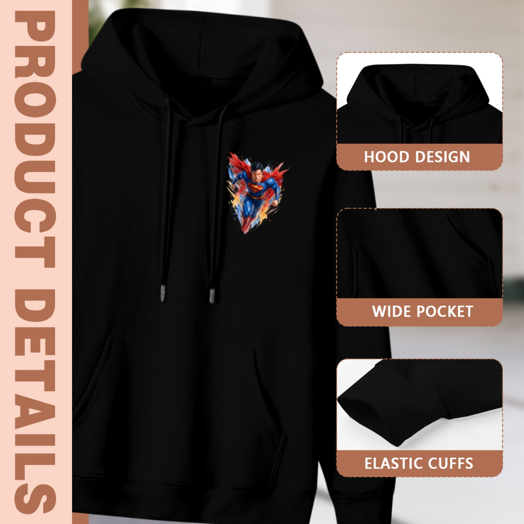 Men's Small Skyward Paint Motif hoodie product-feature illustration with close views of the hood, pocket and cuffs