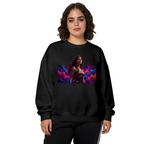 Studio photograph of a model in a women's crewneck sweatshirt showing a warrior portrait against vivid prismatic bands of light